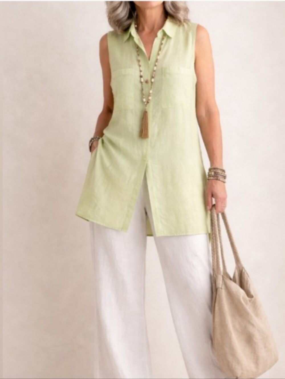 CHICO'S Linen Sleeveless Button Down Tunic Top/Dress In Lime | XL